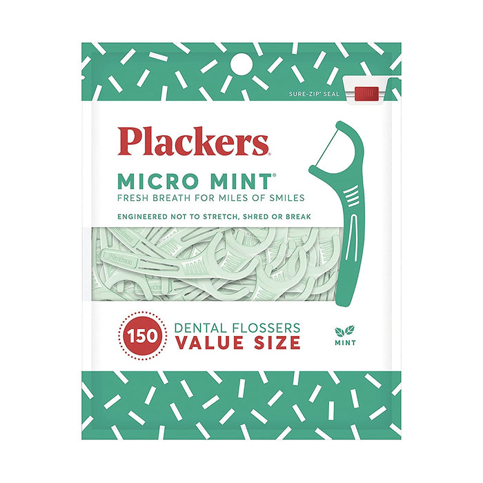 Plackers Micro Mint Dental Flossers, Fresh Mint Flavor, Fold-Out Toothpick, Super Tuffloss, Easy Storage with Sure-Zip Seal, 300 Count