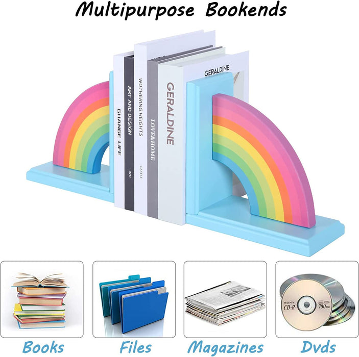 Wooden Rainbow Book Ends Non-Skid Cute Kids Bookends Book Stoppers for Girls Home Children'S Room Classroom Nursery Decor, Pack of 2