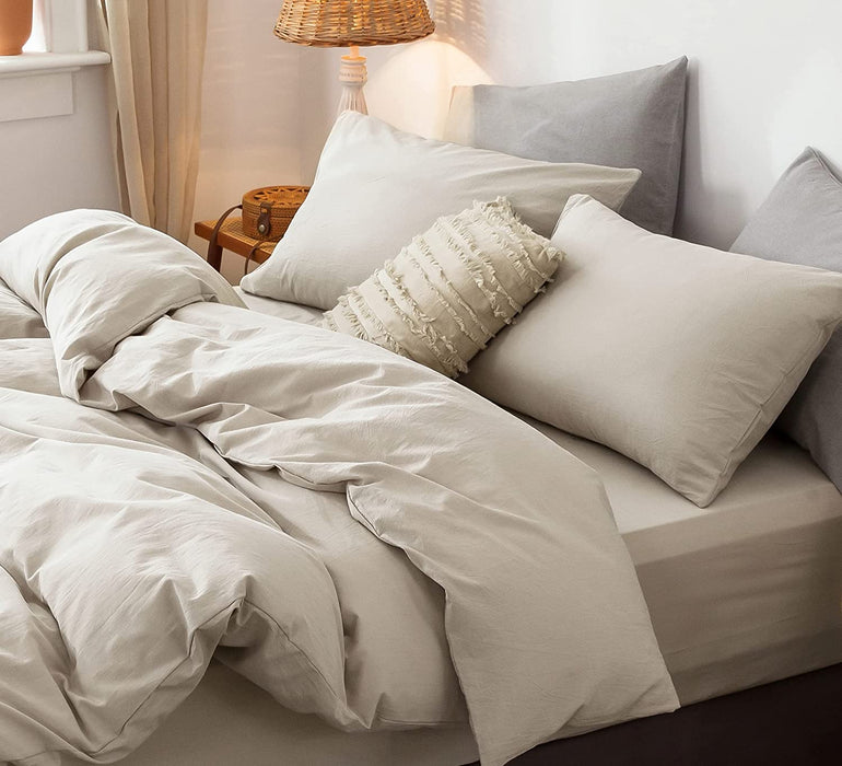 Bedding Duvet Cover Set 100% Washed Cotton Linen like Textured Breathable Durable Soft Comfy (Cream Grey, Queen)
