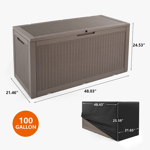 COSVALVE 100 Gallon Deck Box, Large Resin Outdoor Storage Box, Patio Garden Furniture with Oxford Waterproof Dust Cover for Outdoor Cushions & Pillows, Pool Toys, Garden Tools,Sports Equipment(Brown)