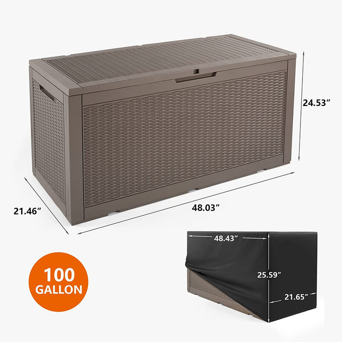 COSVALVE 100 Gallon Deck Box, Large Resin Outdoor Storage Box, Patio Garden Furniture with Oxford Waterproof Dust Cover for Outdoor Cushions & Pillows, Pool Toys, Garden Tools,Sports Equipment(Brown)