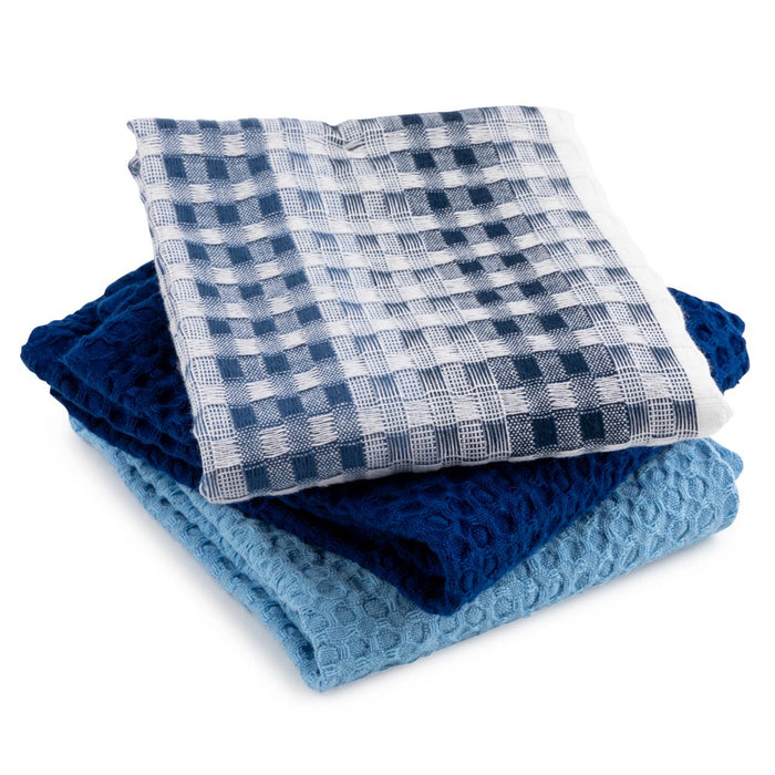 Cotton Waffle Kitchen Towels, Blue White, 3-Piece Set