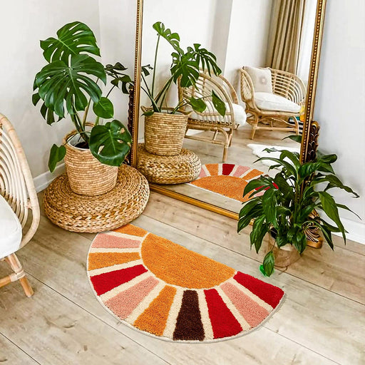 Boho Bathroom Rugs Half Circle Bath Mat Cute Bohemian Bath Rug for Bedroom Small Carpet Home Decor Non-Slip Semi round Shower Rug Funny Washable Indoor Floor Door Mat Sun Retro 16X30Inch