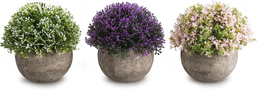 Mini Artificial Plants Plastic Fake Green Colorful Flower Topiary Shrubs with Gray Pot for Home Décor – Set of 3