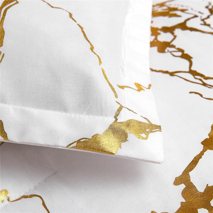 Gold Metallic Marble Comforter Set Queen Size Foil Print Glitter Bedding Sets,White/Gold, Queen