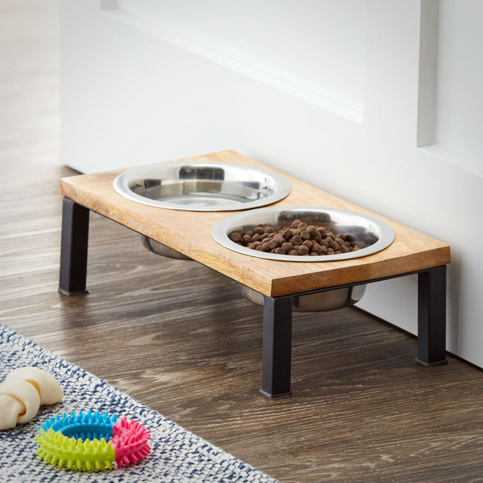 Elevated Stainless Steel Dog Bowls, Wood Finish, Medium