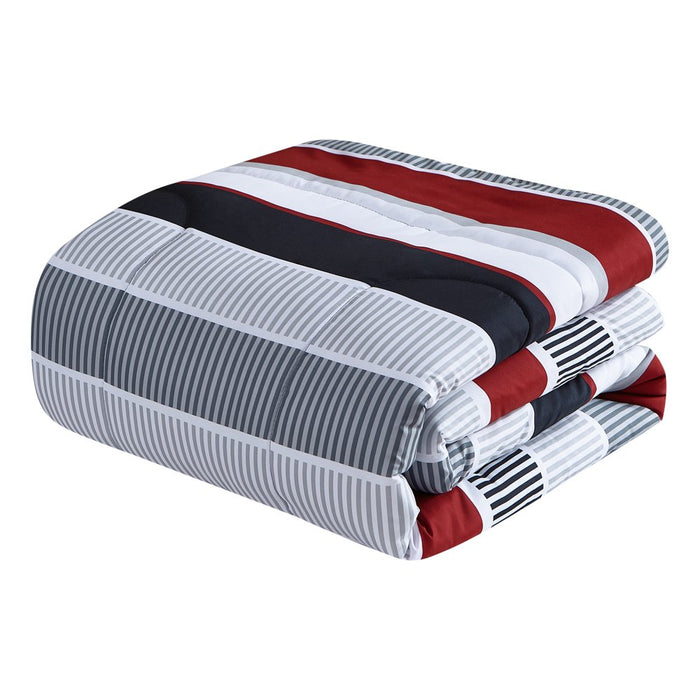 Mainstays Red and Gray Stripe 8 Piece Bed in a Bag Comforter Set with Sheets, King