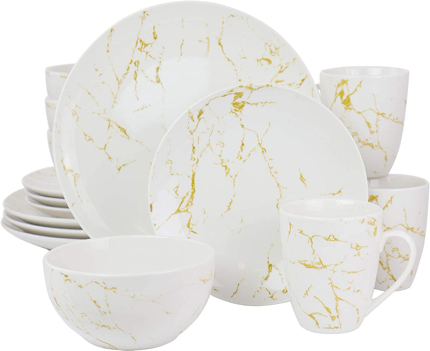 Fine round Gloss Dinnerware Dish Set, 16 Piece, Black and White Marble