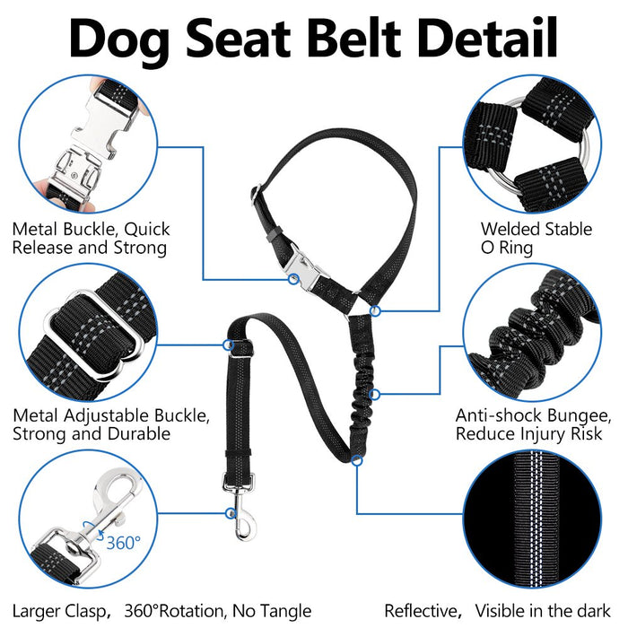 Dog Seat Belt for Car Headrest, Reflective and Adjustable with Bungee for Small Medium Large Dogs and Cats, Black