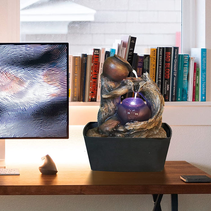 Tabletop Water Fountain Indoor - Tree Trunk with Jar Rustic Fountains Small Feng Shui Zen Waterfall Fountain W/ LED Light & Soothing Sounds for Office Home Desktop Decor (Brown)