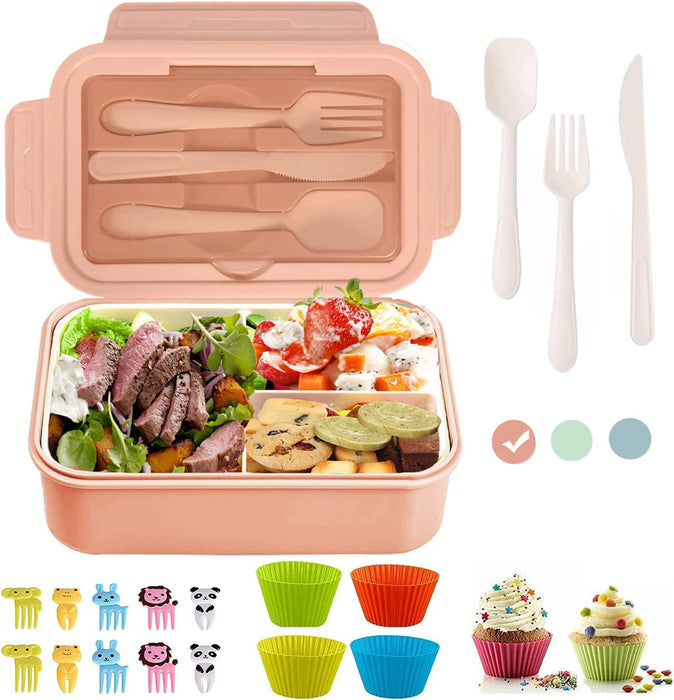 Bento Lunch Box for Adult, Bento Boxes with Fork Spoon&Muffin Silicone Cup, Compartment Bento Box Leak Proof, Microwavable Lunch Containers, Bento Box with Utensils for Work/Picnic