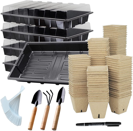 Seed Starter Kit with 90 Peat Pots for Seedlings Seed Starter Tray, 5 Plastic Growing Trays 20 Plant Labels & 3 Garden Tools Outdoor or Indoor
