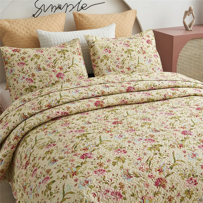 Quilt Set, 3-Piece Quilt Sets with 2 Pillow Shams - Boho Reversible Soft and Lightweight Quilt Bedding Bedspread Coverlet Set (Beige Floral, King)