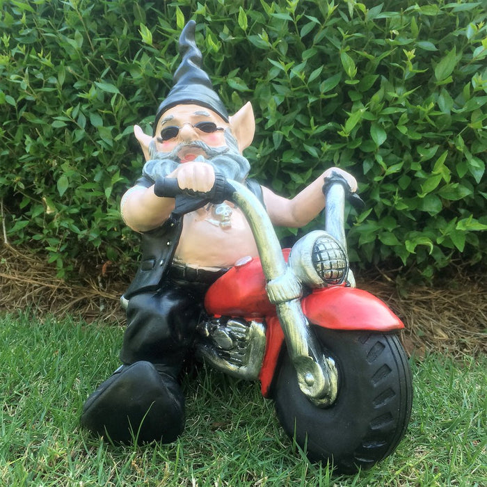 Homestyles "Biker Dude & Babe" the Biker Gnome in Leather Motorcycle Gear Riding Red and White Hogs Large Outdoor Garden Statue 12"H19:197:19