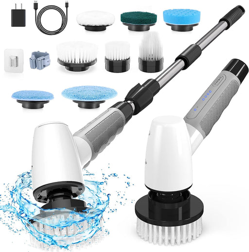 Electric Spin Scrubber, Cordless Cleaning Brush Tub Tile Scrubber for Home, 8 Replaceable Brush Heads, 90Mins Work Time 3 Adjustable Handle 2 Adjustable Speeds for Bathroom Shower Bathtub Glass Car