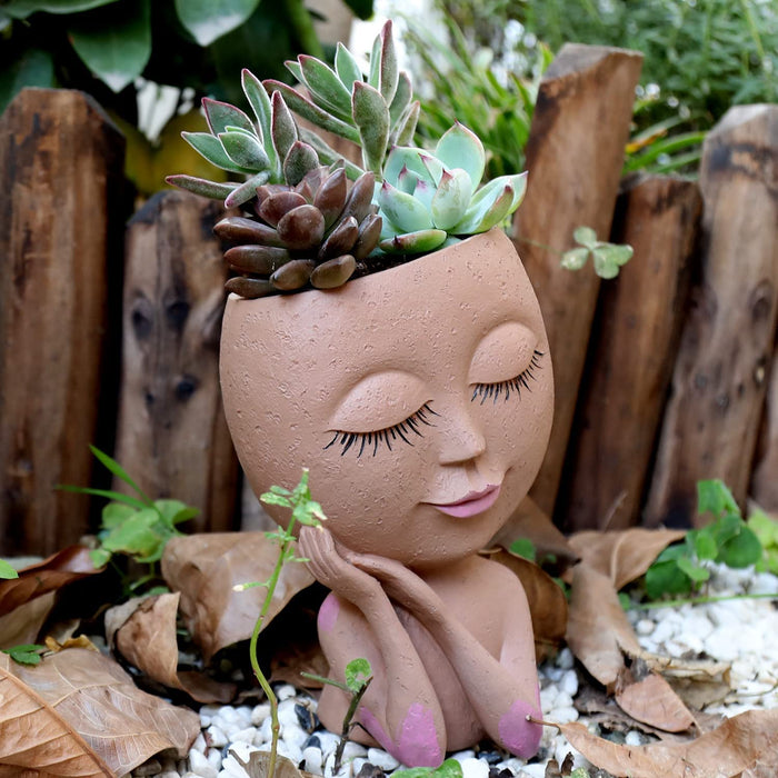 Smiley Face Flower Pot Head Planter for Indoor Outdoor Planter Resin Head Planter Pot with Drainage Hole Two Hand Hold Cute Face Succulent Pots with Closed Eyes for Garden Planter (Dark)