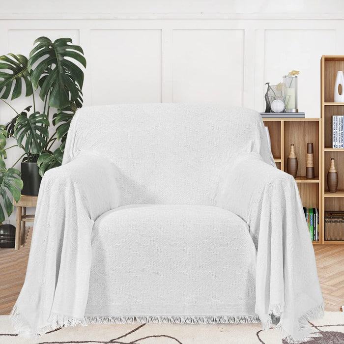 Cotton Geometrical Sofa Cover, Sectional Couch Covers for 2 Cushion Couch Couch Cover Living Room Throws Blankets Sofa Slipcovers, Furniture Protector for Pets (Medium, 71" X 91", White)