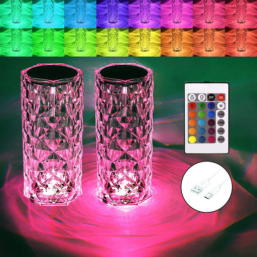 Crystal Table Lamp RGB Color Changing Night Lights (2 Pack) Crystal Rose Diamond Touch Lamp for Bedroom Living Room Decor Housewarming Gift(Remote & Touch Control