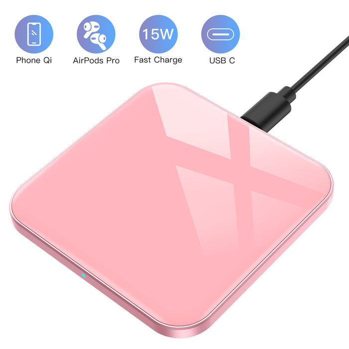 Wireless Charger, 15W Max Fast Charging Pad with USB-C for Iphone, LG, Galaxy , Airpods Pro , Pink
