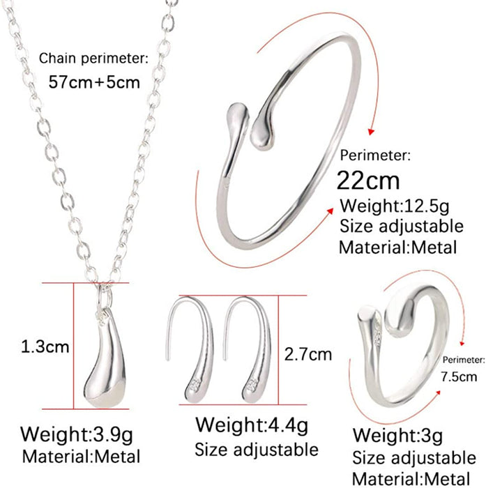 4PCS 925 Sterling Silver Jewelry Set for Women Teardrop Pendant Necklace Earrings Bracelet Ring Fit with Party Meeting Dating Wedding Daily Birthday Gift