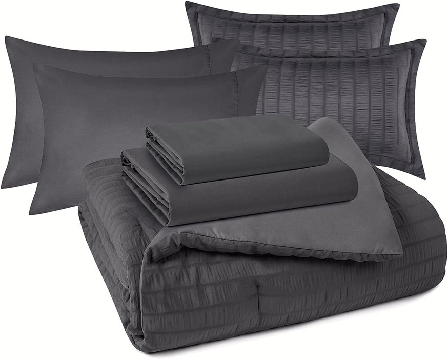 Queen Seersucker Comforter Set with Sheets Dark Grey Bed in a Bag 7-Pieces All Season Bedding Sets with Comforter, Pillow Sham, Flat Sheet, Fitted Sheet, Pillowcase