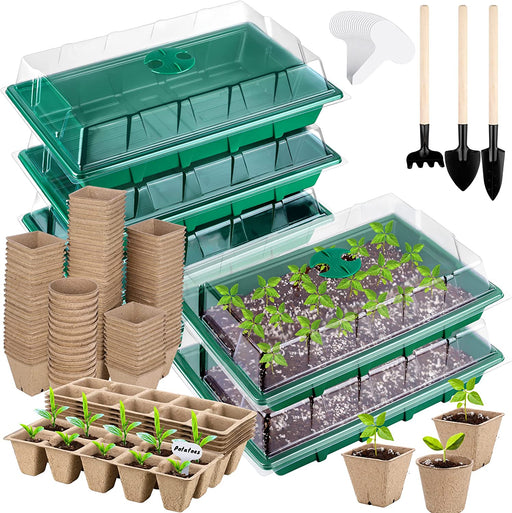 6 Sets Cells Seed Starter Tray Kit with Humidity Dome and Base Seed Starter Peat Pots Germination Trays Including Plastic Plant Growing Trays for Indoor Outdoor Gardening, Green