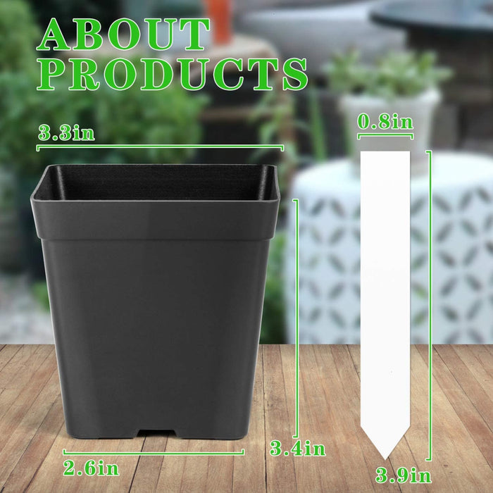 Square Nursery Pots 3.3 Inches Flexible Plastic Seedling Pots Square Pots for Plants, Succulent, Flower, Pack of 60, with 60 PCS Plant Labels