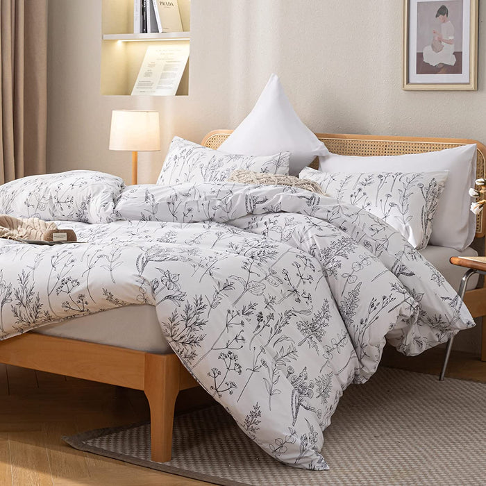 3Pcs White Comforter Set, Soft Microfiber Bedding Plant Flowers Printed Comforter with 2 Pillow Cases for All Seasons(Queen)