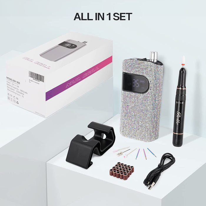Professional Nail Drill Machine, Sparkly Electric Nail File for Acrylic Nails, Cordless Portable Nail Drill Kit with Drill Bits & Sanding Bands, Manicure Pedicure Tools for Home and Salon