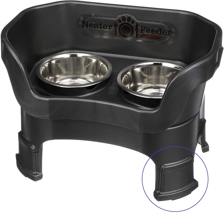 Neater Feeder Deluxe with Leg Extensions for Small Dogs - Mess Proof Pet Feeder with Stainless Steel Food & Water Bowls - Drip Proof, Non-Tip, and Non-Slip - Gunmetal Grey