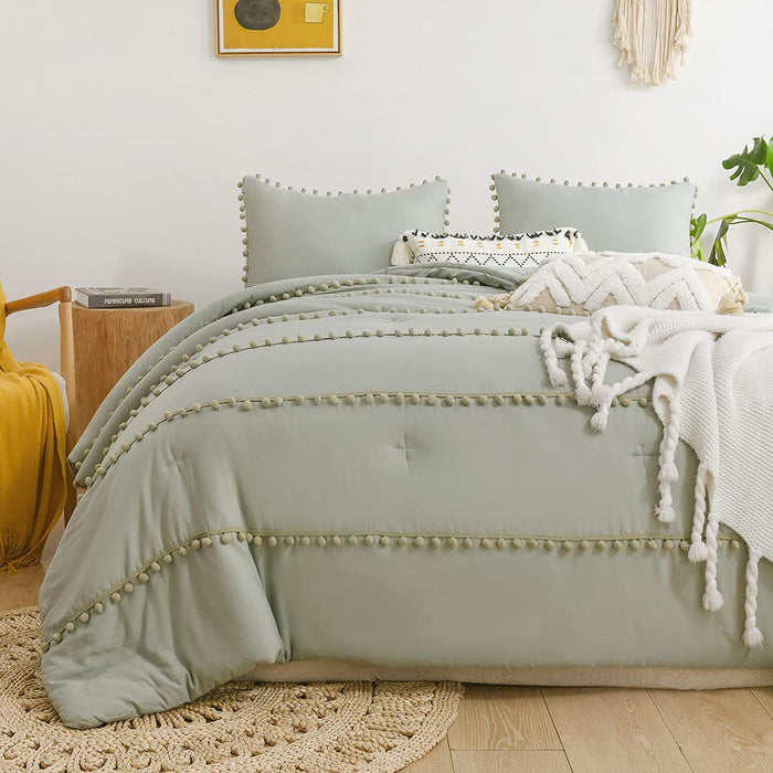 Sage Green Comforter King Size Bed Set,Boho Pom Pom Stripes Bedding Comforter Set Ultra Soft Down-Alternative Bedding Machine Washable 3 Pieces