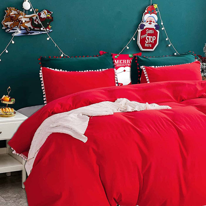 Christmas Comforter Set Queen Size, 3 Piece Boho Bed Set, All Season Microfiber down Alternative Bedding Comforter with 2 Pillow Shams for Teens Girls Women, Red with White Pom