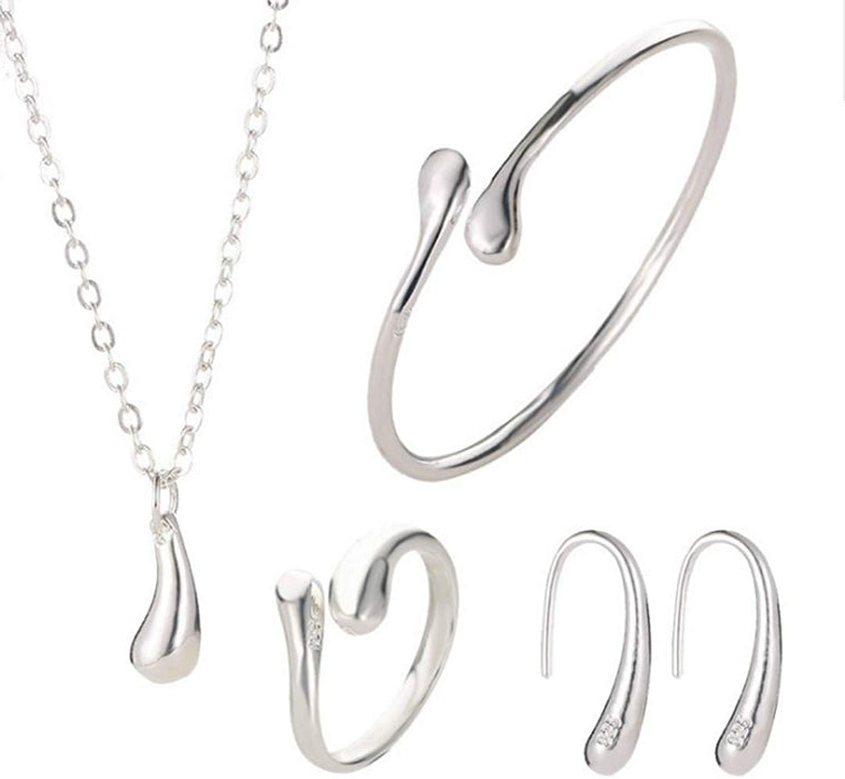 4PCS 925 Sterling Silver Jewelry Set for Women Teardrop Pendant Necklace Earrings Bracelet Ring Fit with Party Meeting Dating Wedding Daily Birthday Gift
