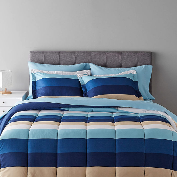7-Piece Lightweight Microfiber Bed-In-A-Bag Comforter Bedding Set - Full/Queen, Blue Stripe