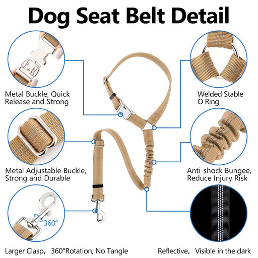 Dog Seat Belt for Car Headrest, Reflective and Adjustable with Bungee for Small Medium Large Dogs and Cats, Brown