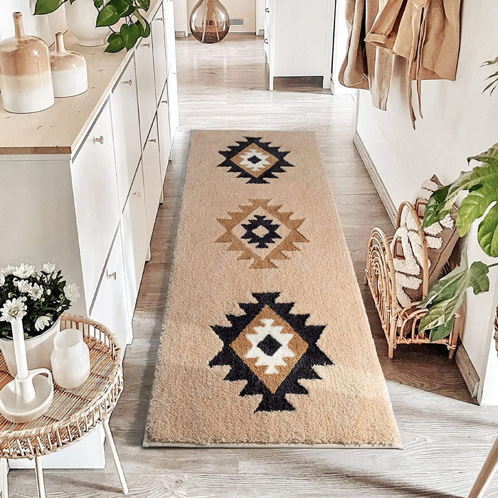 DEXDE Boho Bathroom Rug Runner 24X60 Long Bath Mat for Bathroom Bedroom Hallway Kitchen Shower Luxury Soft Absorbent Large Geometric Carpet Runner Western Farmhouse Neutral Home Decor, Cream Beige