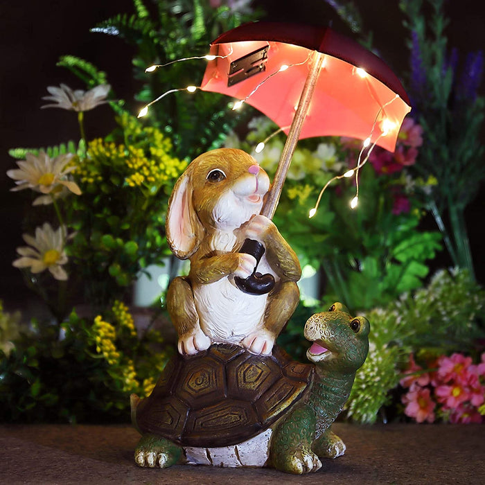 Solar Garden Statue Outdoor Decor, Rabbit Siting on Turtle Holding an Umbrella with String Lights, Easter Bunny Statue for Patio, Lawn, Yard Art Decoration, Housewarming Garden Gift