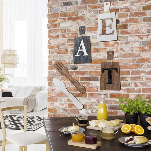 Cutting Board Eat Sign Set Hanging Art Kitchen Eat Sign Fork and Spoon Wall Decor Rustic Primitive Country Farmhouse Kitchen Decor for Kitchen and Home Decoration (Gray, White, Brown)