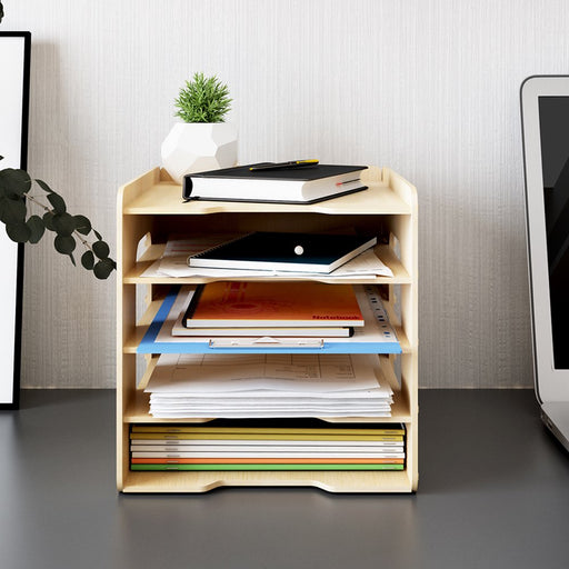 5 Tier Wood Office Paper Organizer for Desk Desktop File Holder Desk Letter Tray & A4 Paper Holder Document