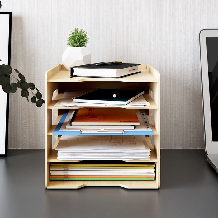 5 Tier Wood Office Paper Organizer for Desk Desktop File Holder Desk Letter Tray & A4 Paper Holder Document