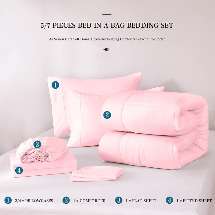 Full Size 7 Pieces Bed in a Bag Bedding Set - Lightweight Pink Comforter Set, All Season Ultra Soft down Alternative Bedding Comforter Set with Comforter, Pillowcases, Flat Sheet, Fitted Sheet
