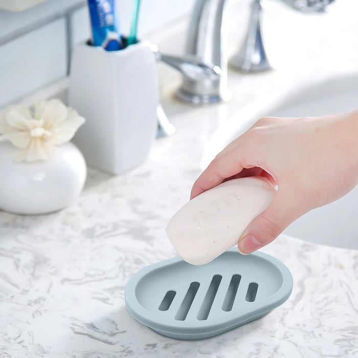 2Pcs Soap Dish with Drain, Soap Holder with Water Tray, Easy Cleaning Soap Saver Dry Stop, Mushy Soap Tray for Shower Bathroom Kitchen, Grey/Green/Blue/Pink