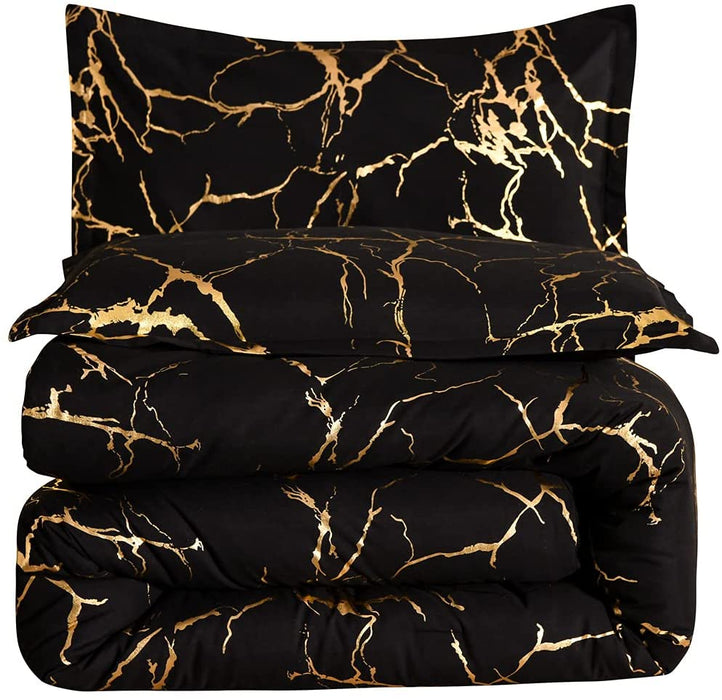 Gold Metallic Marble Comforter Set Queen Size Foil Print Glitter Bedding Sets,Black/Gold,Queen