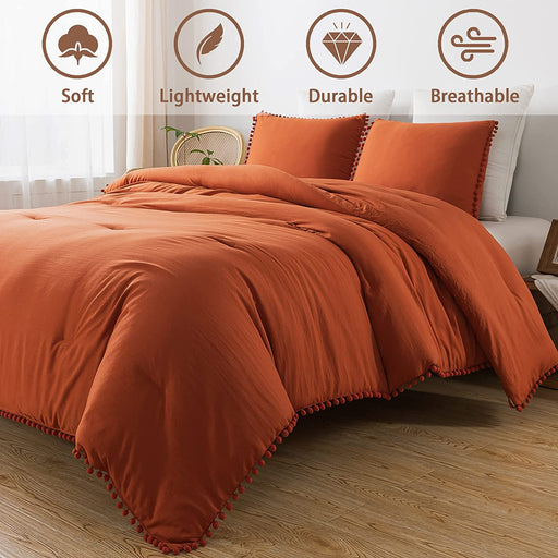 Terracotta Pom Comforter Full(79X90 Inch), 3 Pieces (1 Comforter, 2 Pillowcases) Luxurious Ball Pom Fringe Design Comforter Set, Soft Microfiber down Alternative Bedding Set