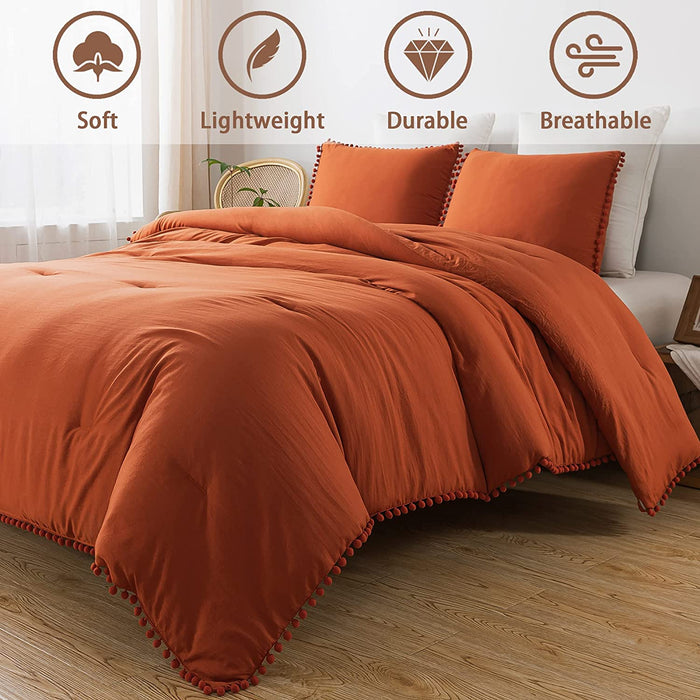 Terracotta Pom Comforter Full(79X90 Inch), 3 Pieces (1 Comforter, 2 Pillowcases) Luxurious Ball Pom Fringe Design Comforter Set, Soft Microfiber down Alternative Bedding Set