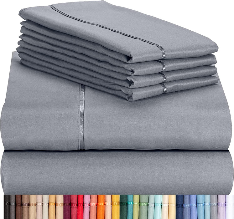 6 PC Sheet Set Bamboo Sheets Deep Pockets 18" Eco Friendly Wrinkle Free Sheets Machine Washable Hotel Bedding Silky Soft - Light Grey Queen