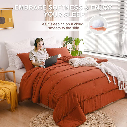 Burnt Orange Rust King Size Comforter Set,Boho Terracotta Pom Pom Cottagecore Farmhouse Bed Bedding Comforters Set for All Season 3 Pieces