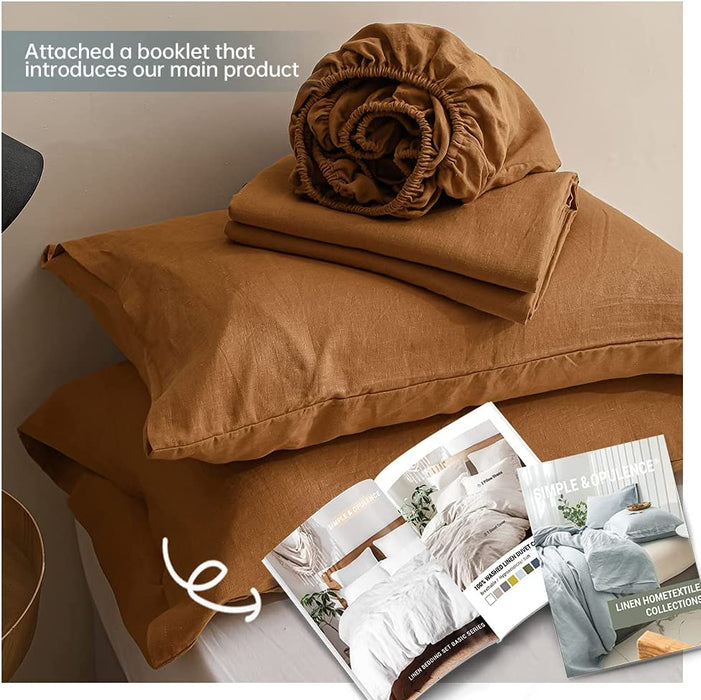 Simple&Opulence 100% Linen Sheet Set Solid Color-4 Pcs Washed French Linen Bed Sheets(1 Flat Sheet,1 Fitted Sheet,2 Pillowcases)-Breathable Bedding Set (Rust, Queen)