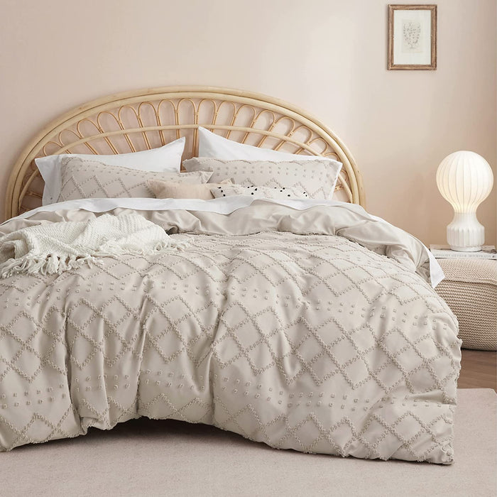 Bedsure Boho Duvet Cover Queen - Boho Bedding, Tufted Queen Duvet Cover for All Seasons, 3 Pieces Embroidery Shabby Chic Home Bedding Duvet Cover Set (Beige, Queen, 90X90)