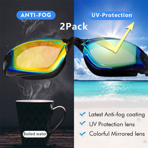 2Pack Swimming Goggles for Adult Comfortable Daily Swim Glasses with Mirrored Anti-Fog Lens No Leak Water